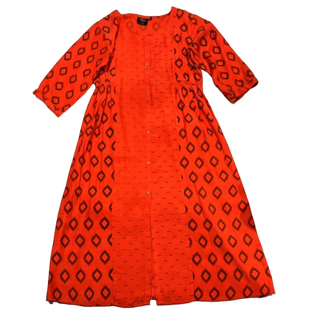 Fabindia Women Orange Ikat Print Button Front Midi Dress Three Quarter Sleeve L